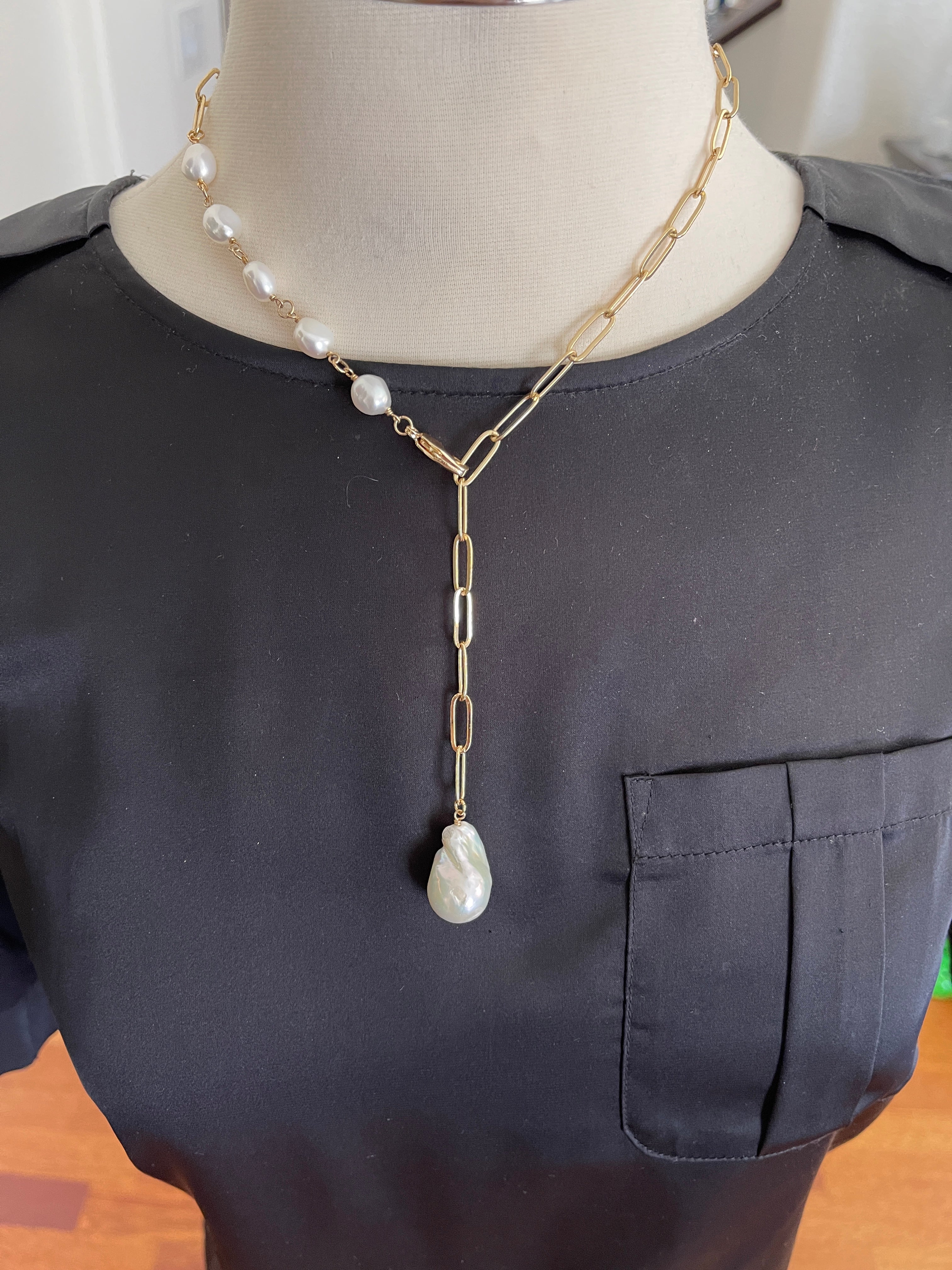 Clara gold paperclip & baroque pearl necklace – Tracy Savage Jewelry